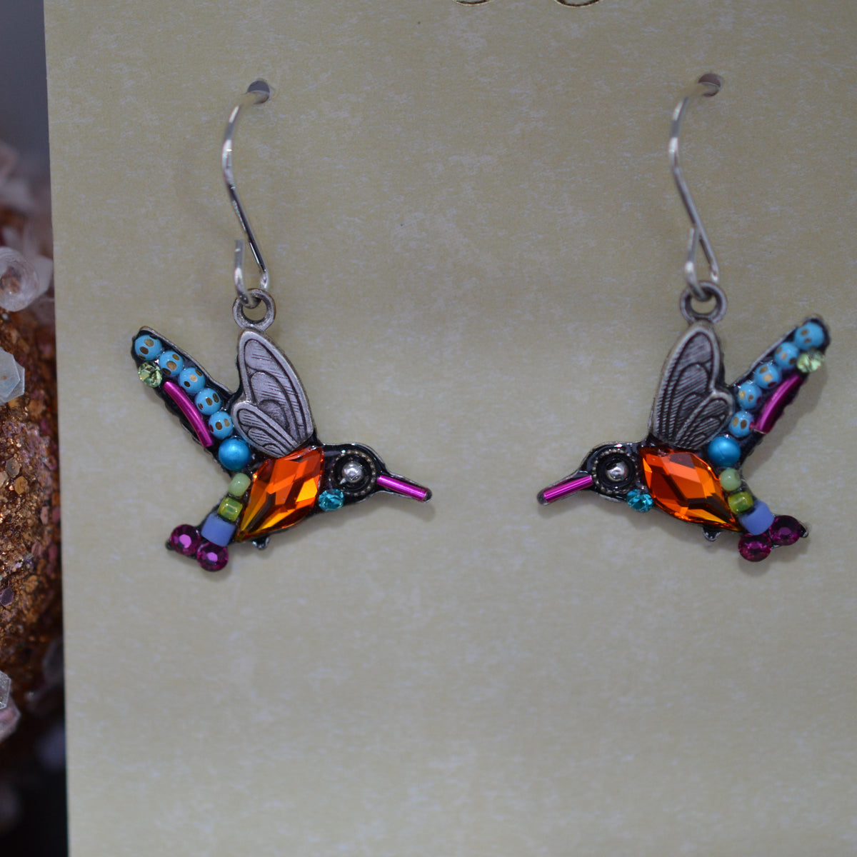 Antique Silver Plated Multi-Color Crystal Hummingbird Earrings by Firefly