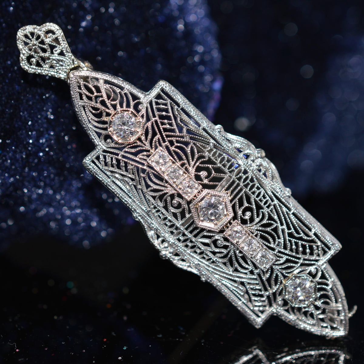 14K White Gold Antique Filigree Diamond Pin & Pendant