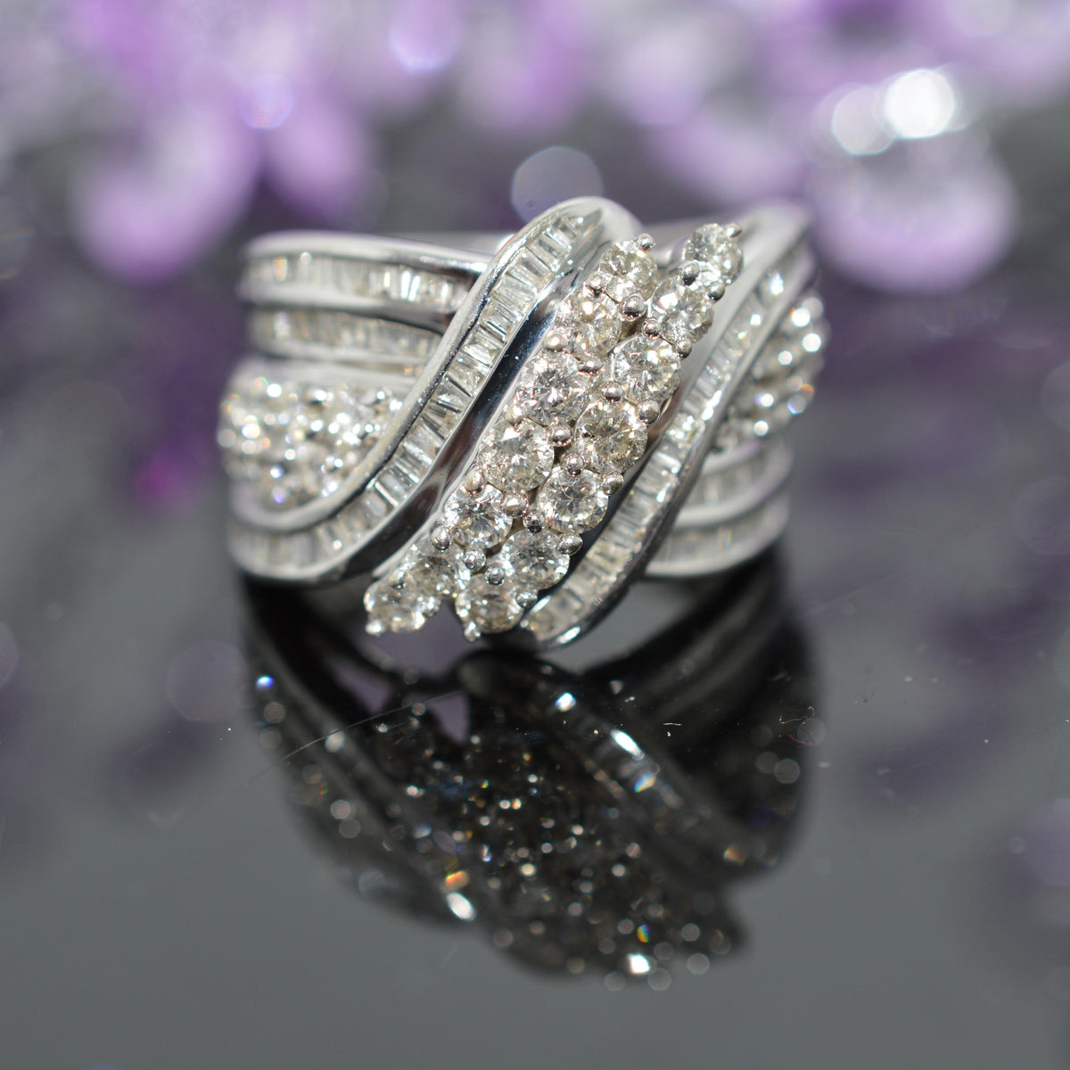 14K White Gold Wide Diamond Band Ring With More Than 3 Carats Of Diamonds