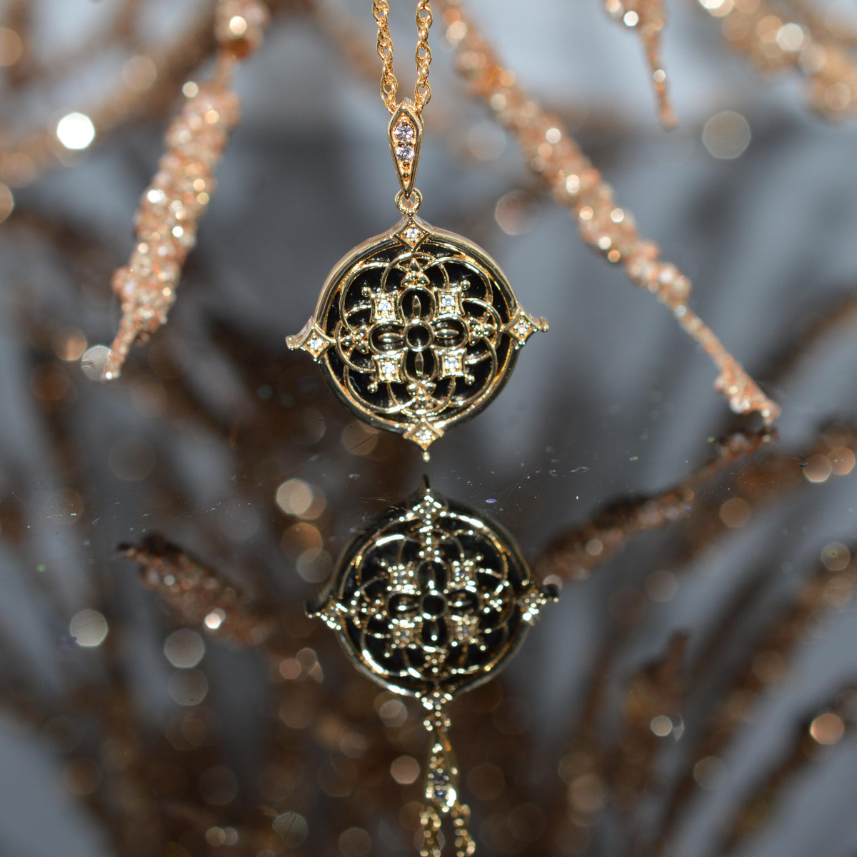 Gold Vermeil Chain & Pendant With A Round Black Onyx & White Sapphires