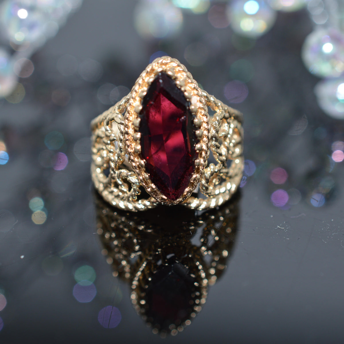 14K Yellow Gold Marquise Cut Garnet Filigree Ring