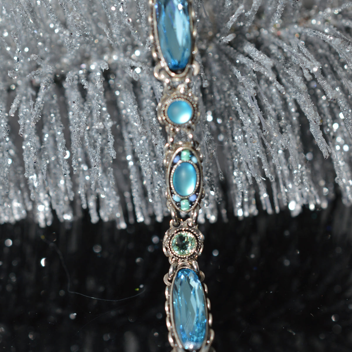 Antique Silver Plate Skinny Aquamarine Color Crystal Bracelet by Firefly