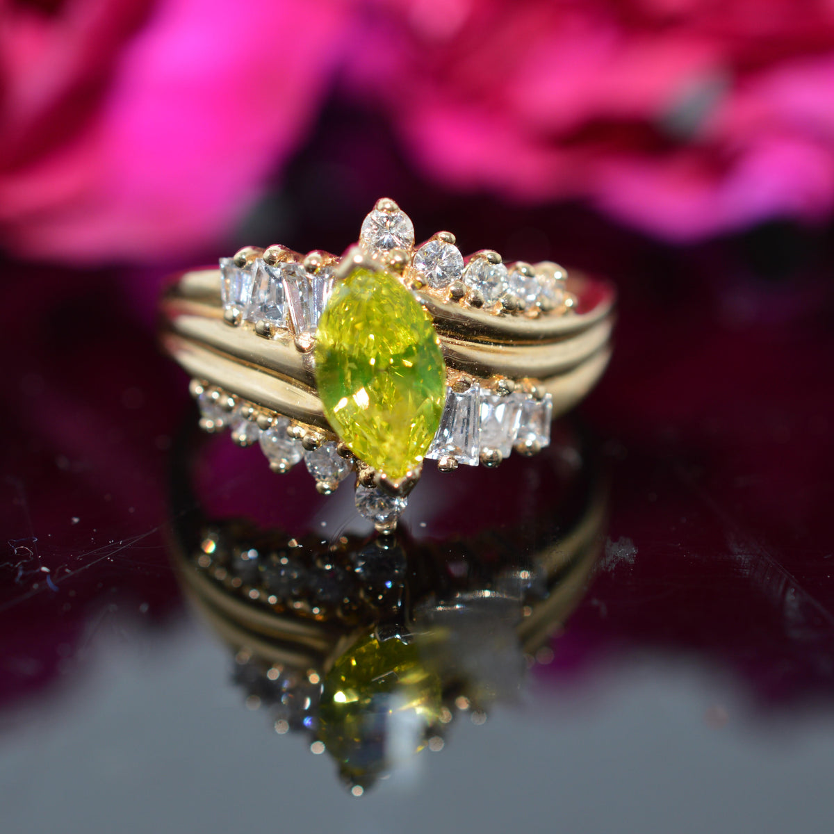 14K Yellow Gold Marquise Cut Chartreuse Diamond & White Diamond Ring