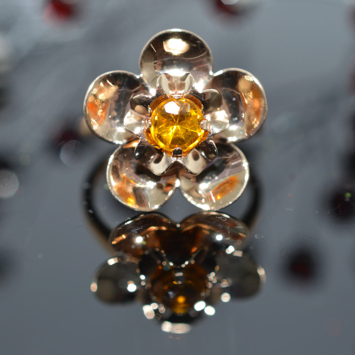 10K Yellow Gold Flower Ring With Citrine Center