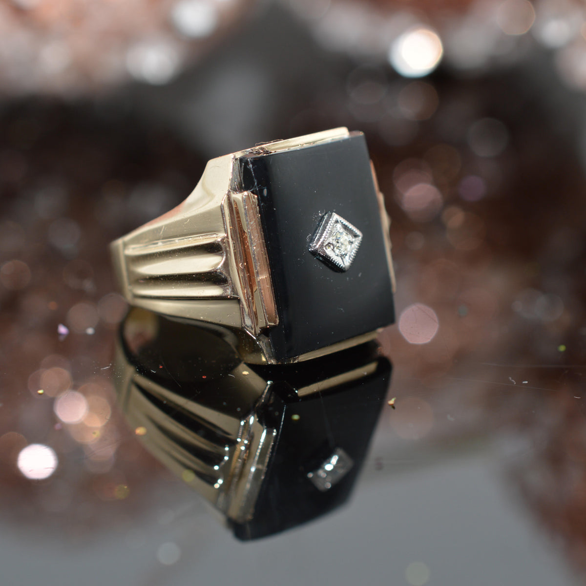10K Yellow Gold Rectangular Black Onyx And Diamond Ring