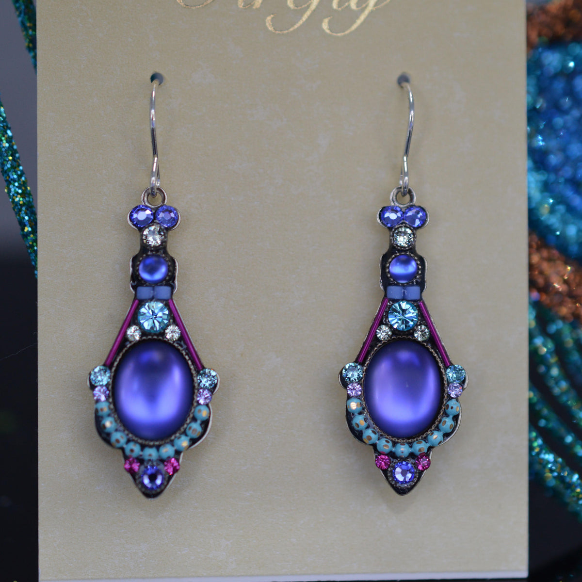 Antique Silver Plate Large Moonlight Drop Earrings With Tanzanite Color Crystals By Firefly