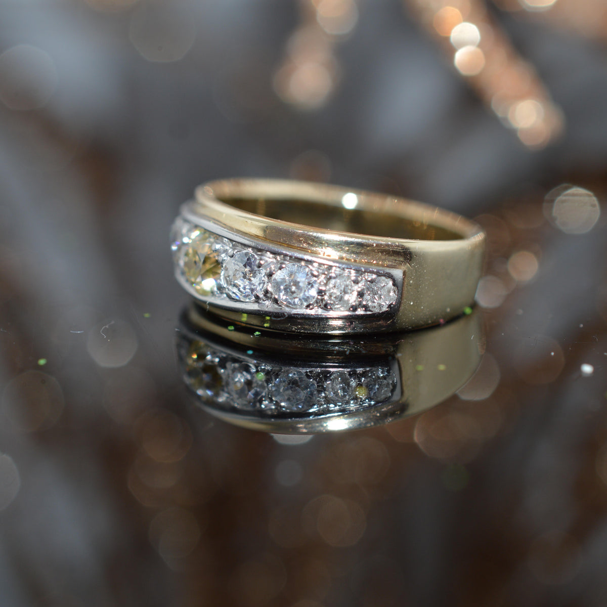 14K 2T Gold & Old Mine Cut Diamond Band Ring