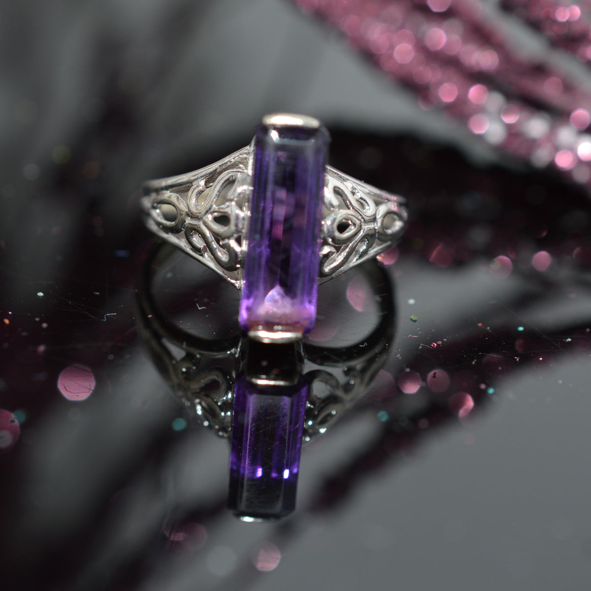 14K White Gold Ring With Long Baguette Cut Amethyst