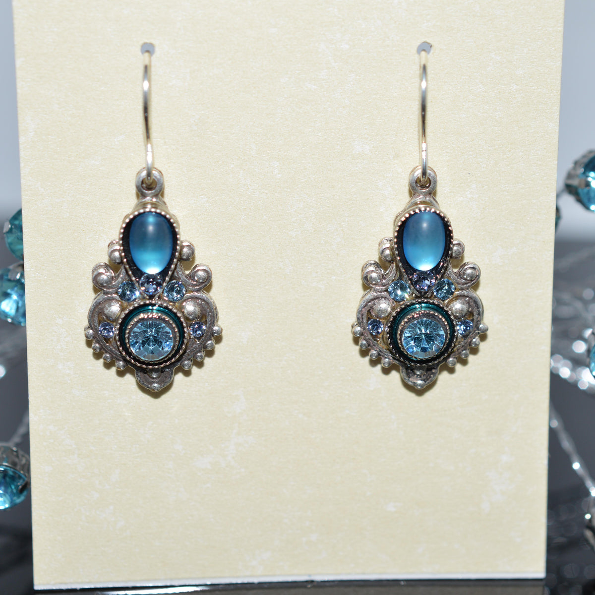 Antique Silver Plated Soft Light Blue Moonlight Earrings by Firefly