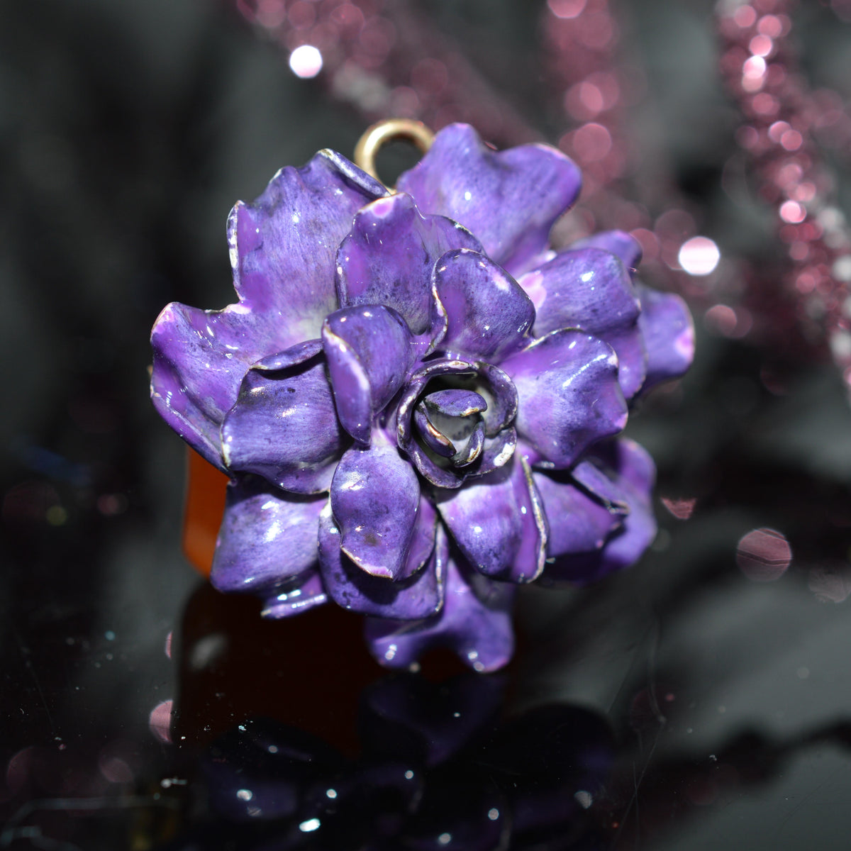 14K Yellow Gold Purple Enamel Flower Pin & Pendant