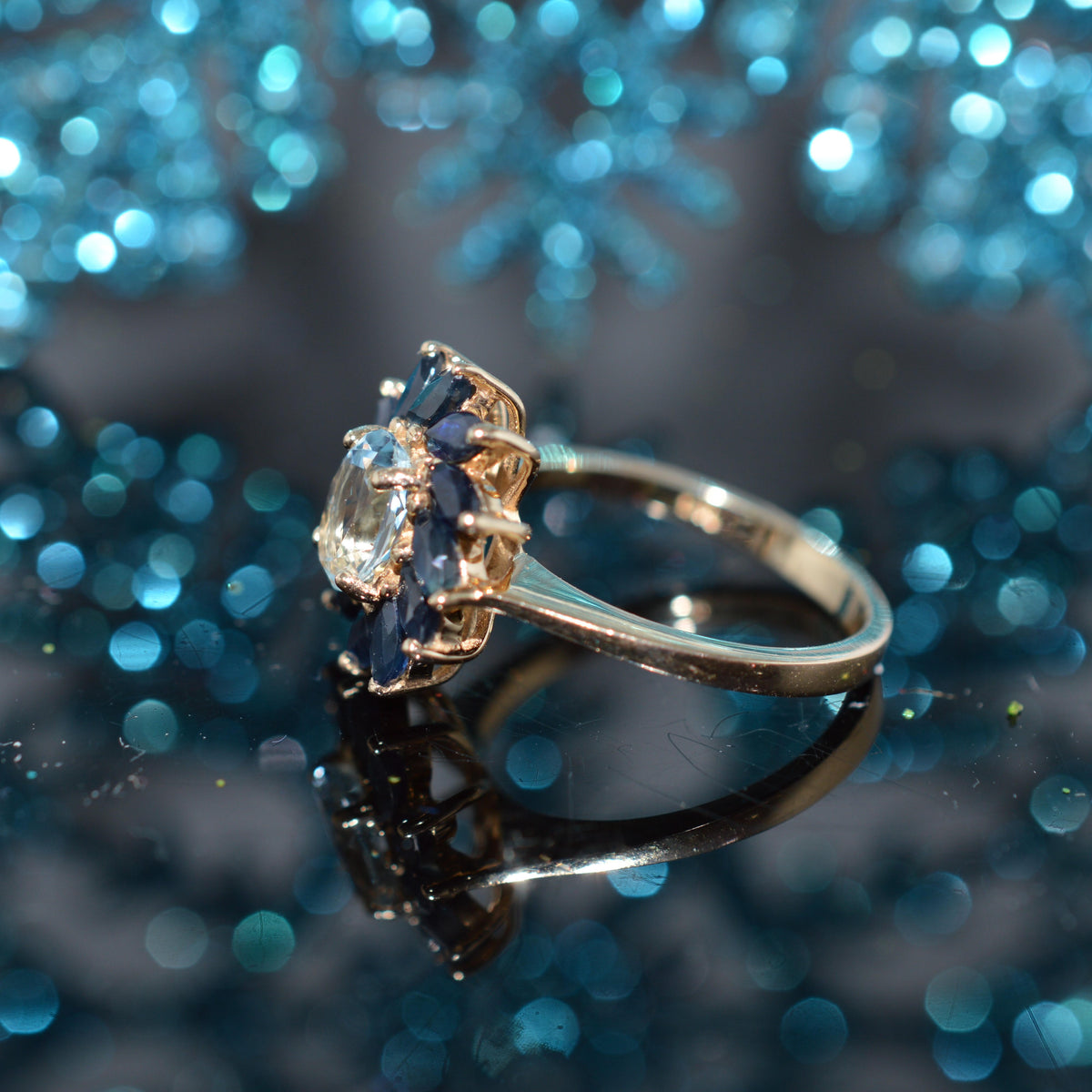 14K Yellow Gold Oval Aquamarine & Marquise Sapphire Spiral Ring