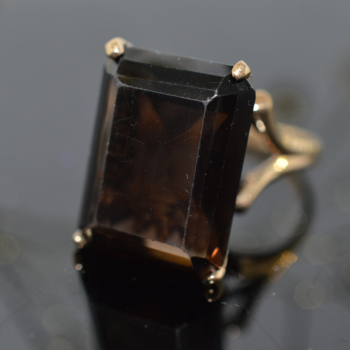 Large 10K Yellow Gold Emerald Cut Smoky Quartz Ring