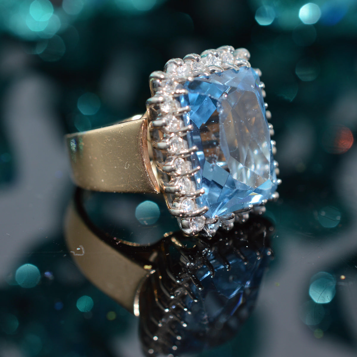 14K Two Tone Gold Ring With A Large Synthetic Spinel & A Halo Of Diamonds