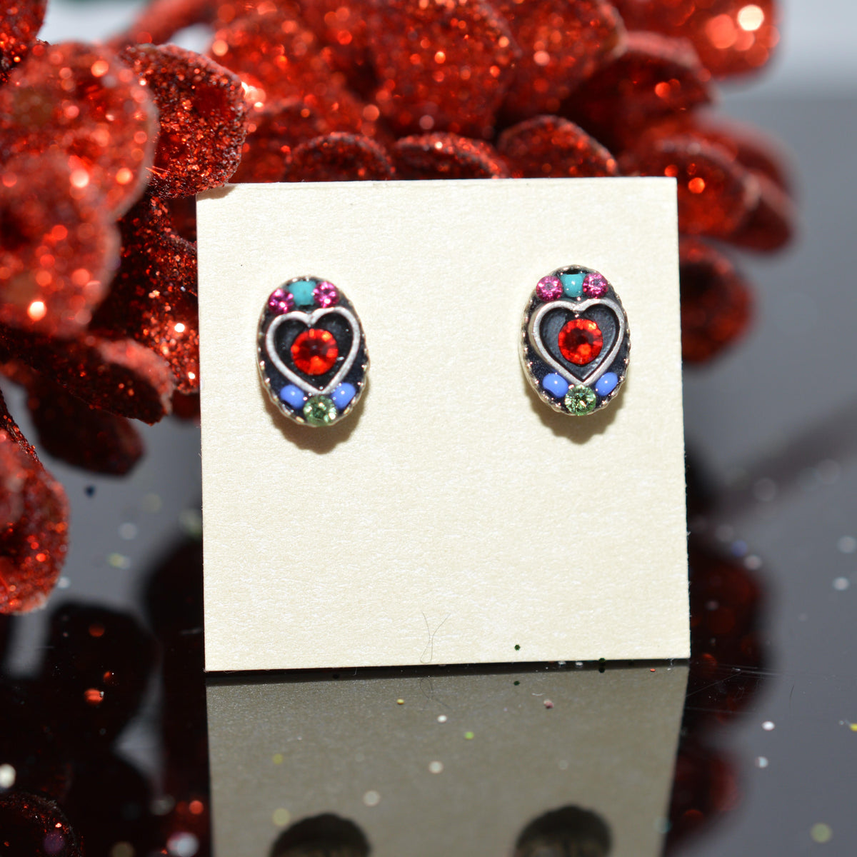 Antique Silver Plated Oval Shape Heart Stud Earrings With Multi-Color Crystals by Firefly