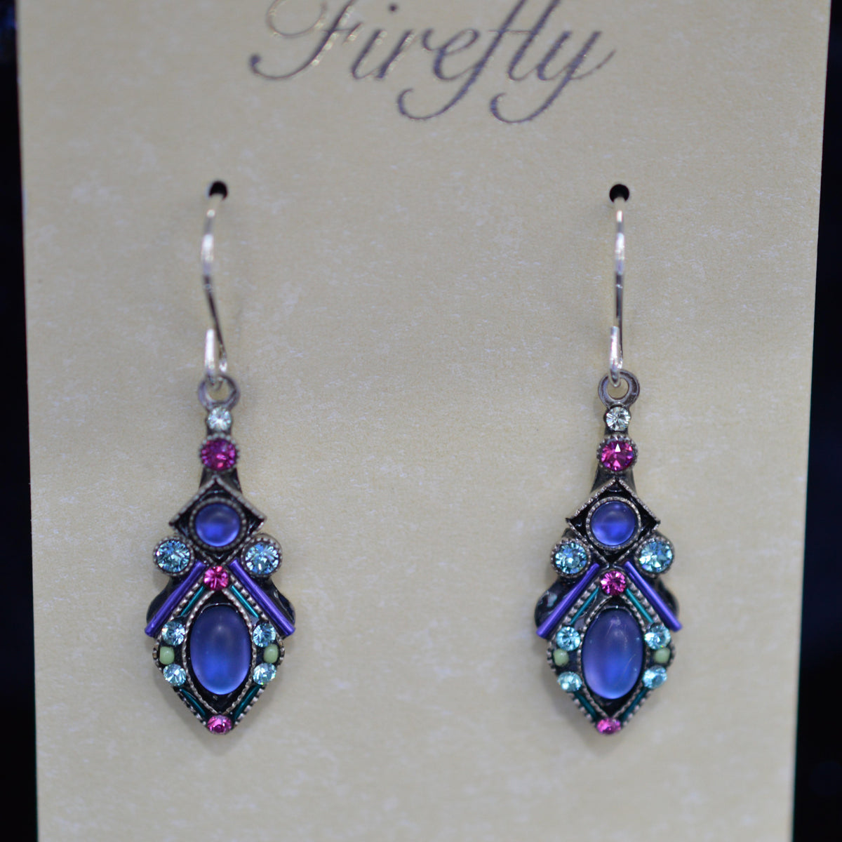 Antique Silver Plate Moonlight Drop Earrings With Tanzanite Color Crystals By Firefly