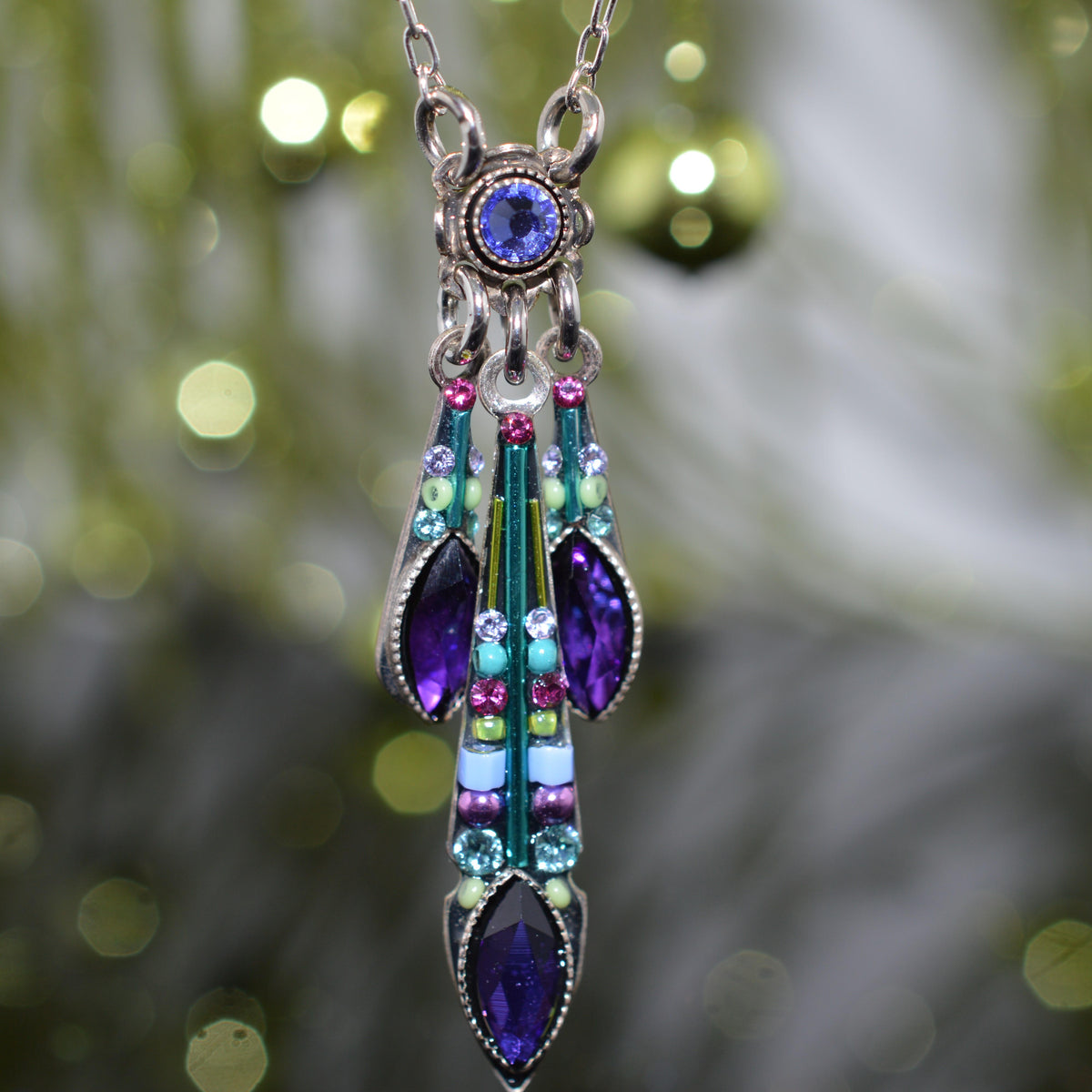 Antique Silver Plated Triple Carmel Purple Crystal Drop Necklace by Firefly