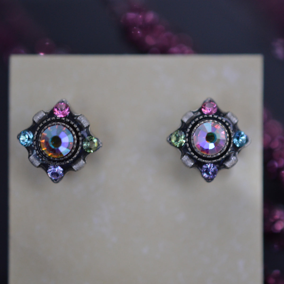 Antique Silver Plated Dulce Petite Stud Soft Multi-Color Crystal Earrings by Firefly