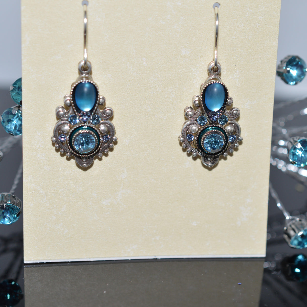 Antique Silver Plated Soft Light Blue Moonlight Earrings by Firefly