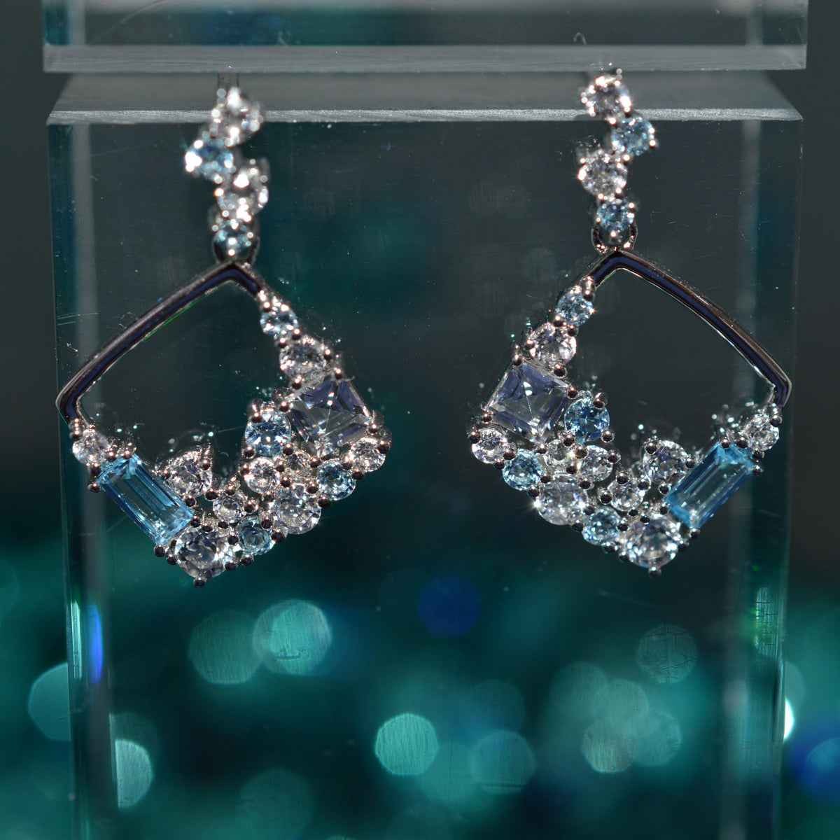 Sterling Silver Square Confetti Earrings With White & Blue Topaz Gemstones