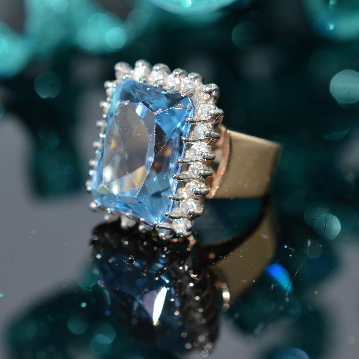 14K Two Tone Gold Ring With A Large Synthetic Spinel & A Halo Of Diamonds