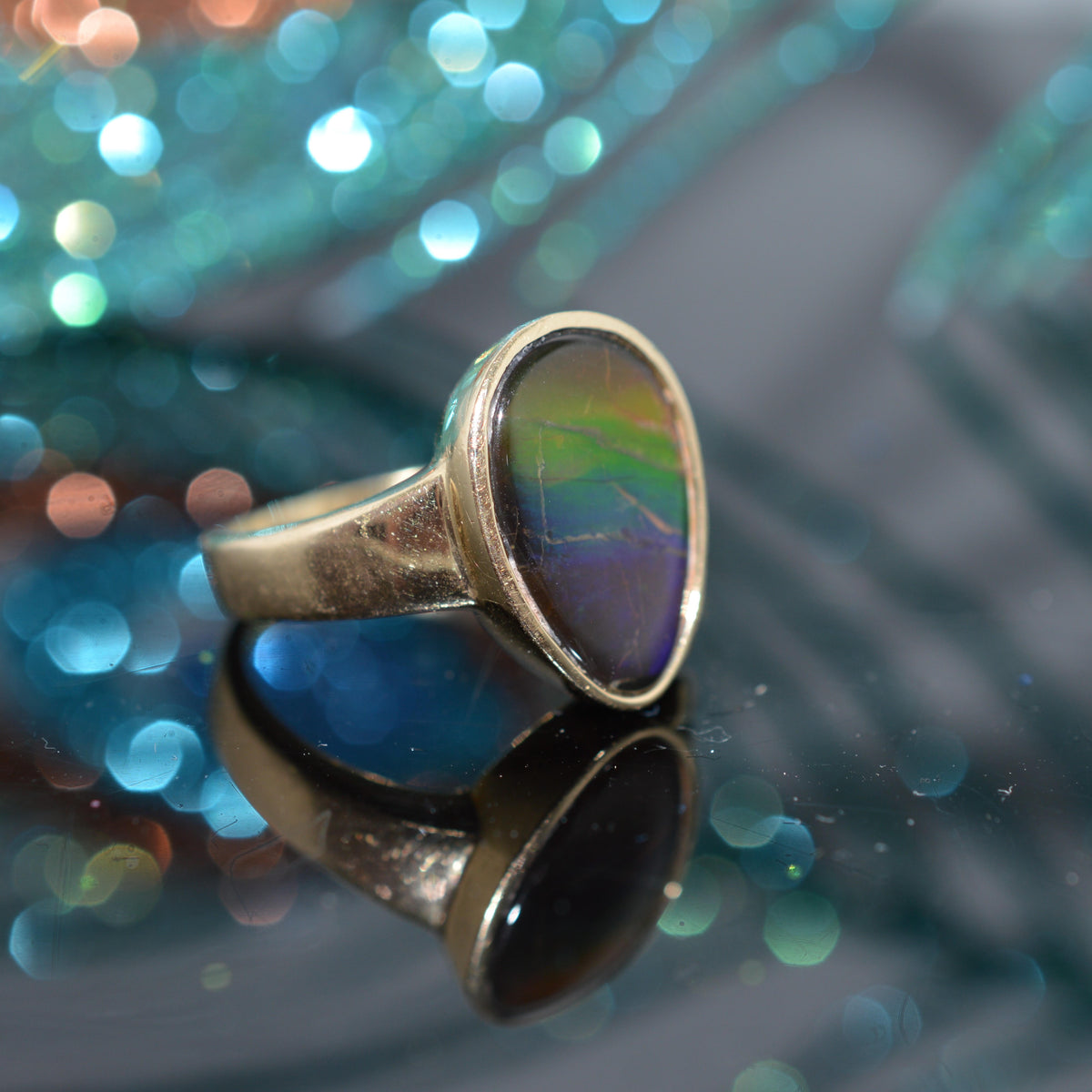 14K Yellow Gold Fossil Ammolite & Diamond Ring