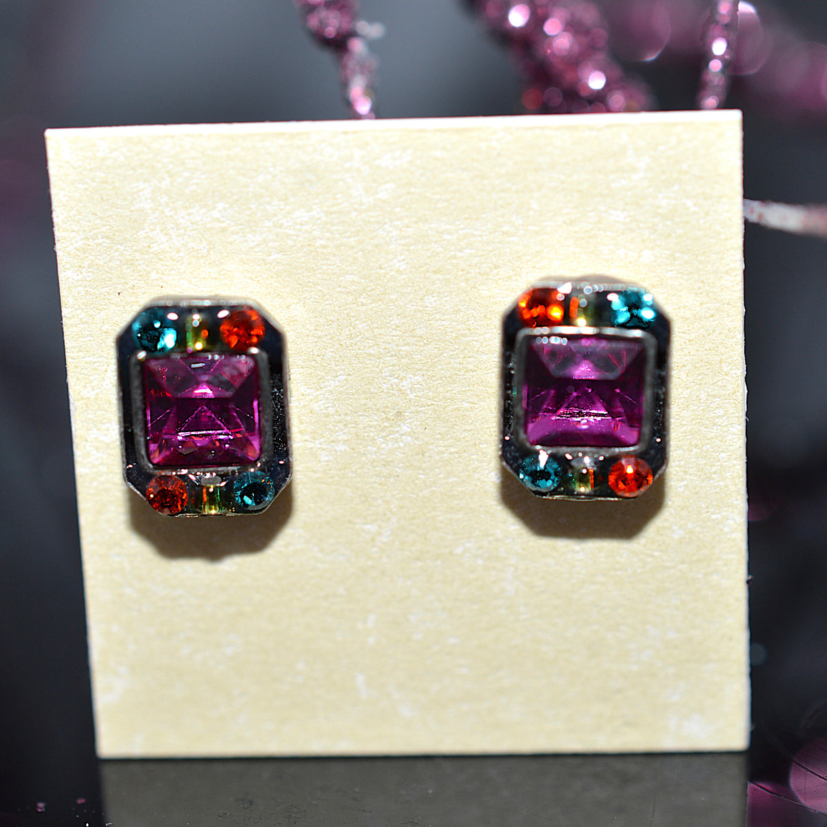 Antique Silver Plated Fuchsia Rectangular Stud Earrings With Multi-Colored Crystals by Firefly