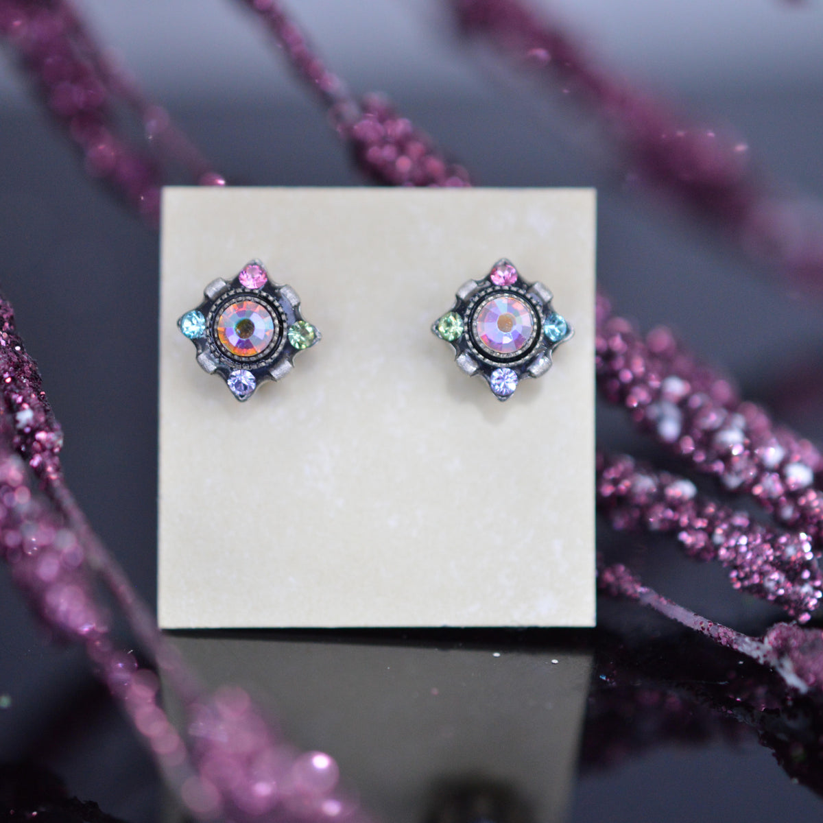 Antique Silver Plated Dulce Petite Stud Soft Multi-Color Crystal Earrings by Firefly