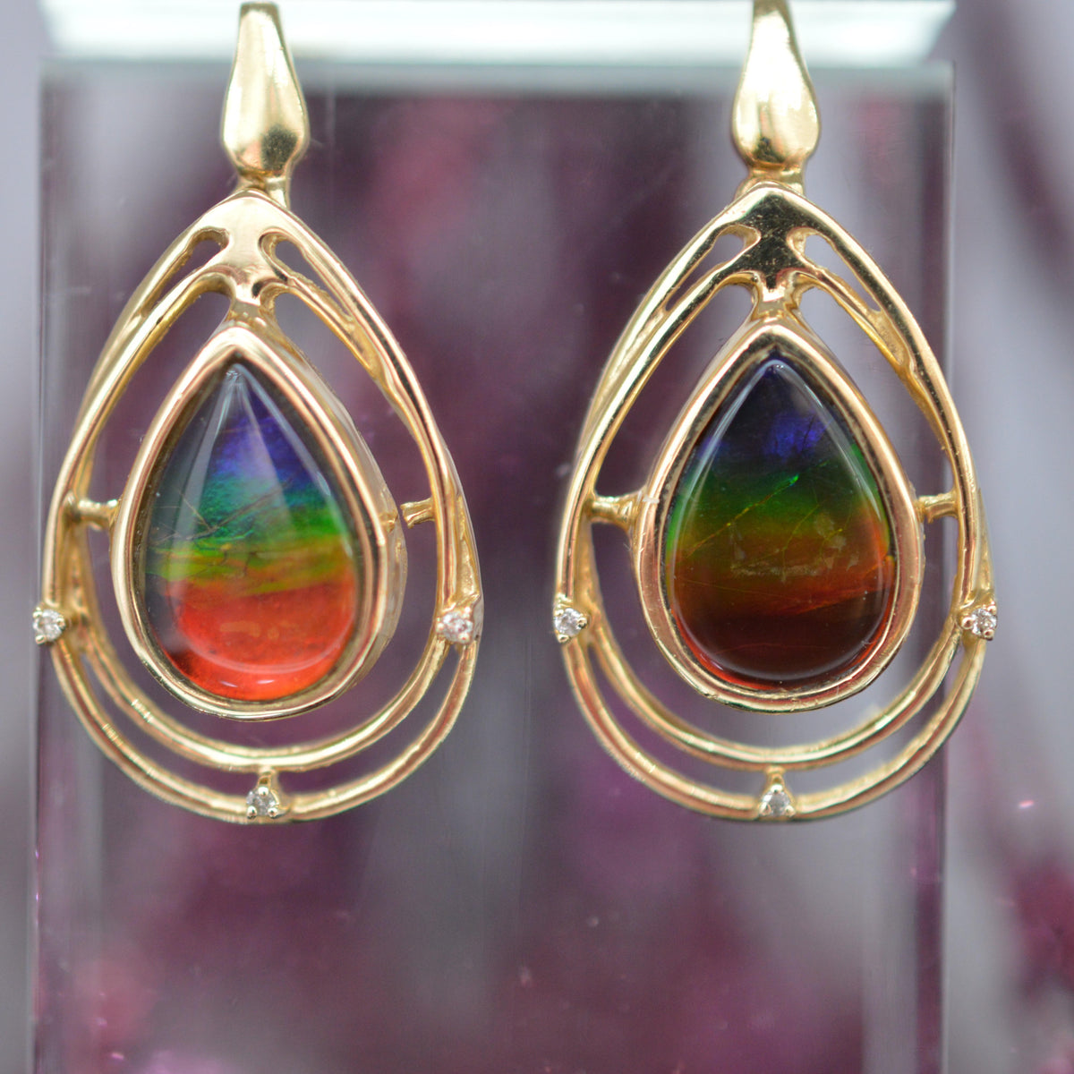 14K Yellow Gold Fossil Ammolite & Diamond Teardrop Earrings