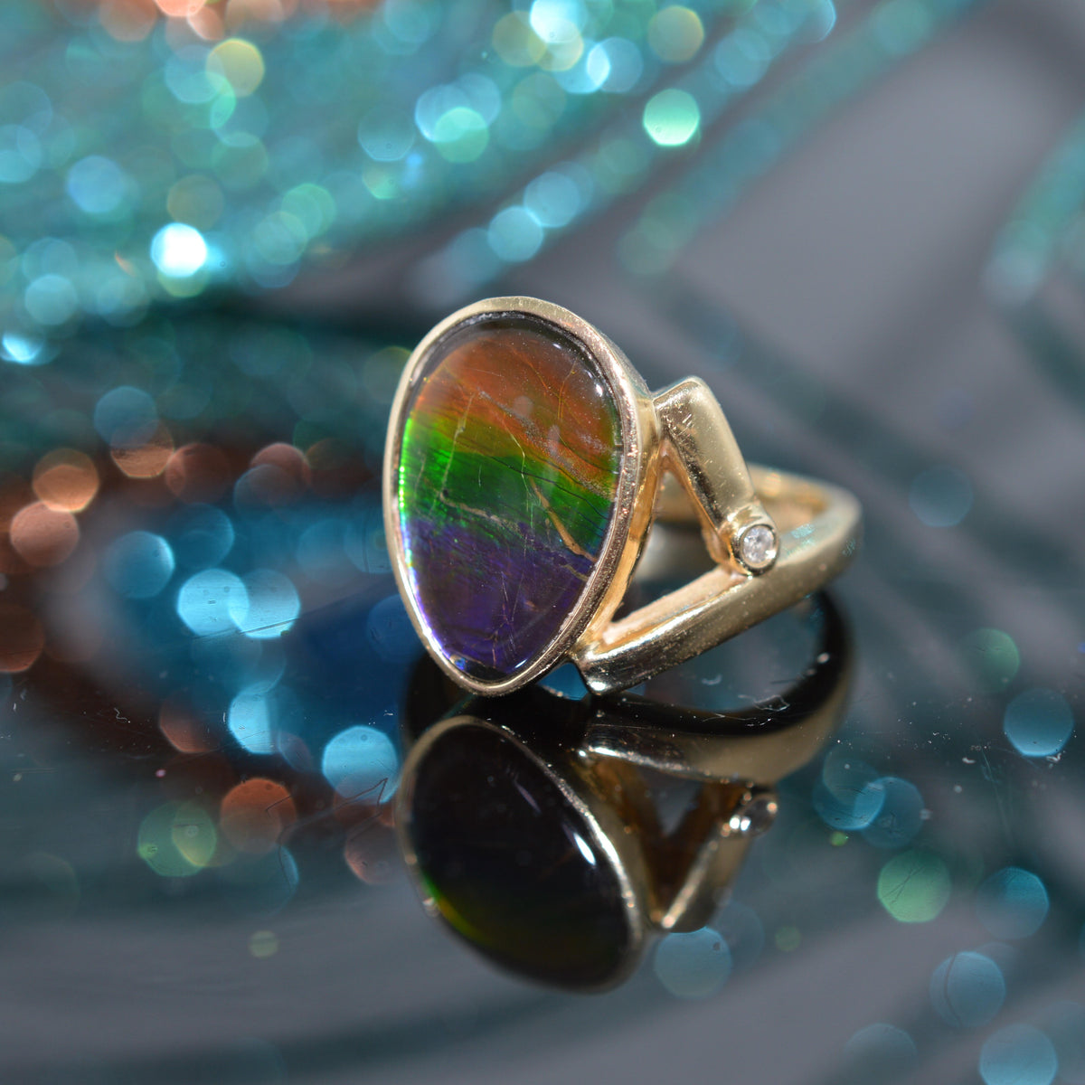14K Yellow Gold Fossil Ammolite & Diamond Ring