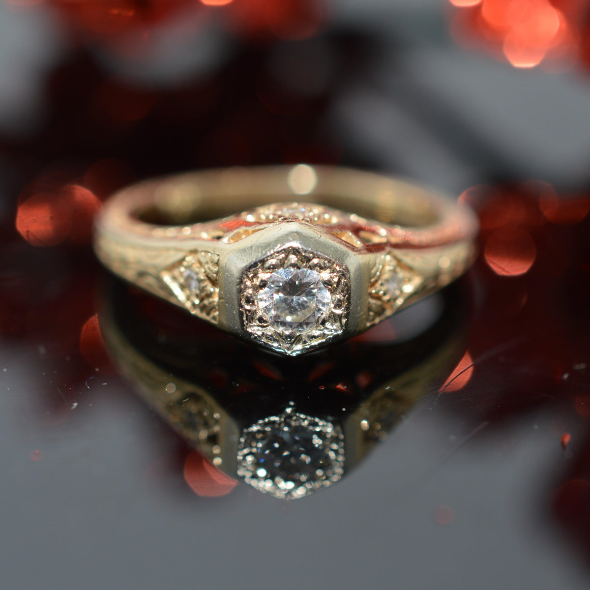 14K Yellow Gold Antique Style Filigree Diamond Ring