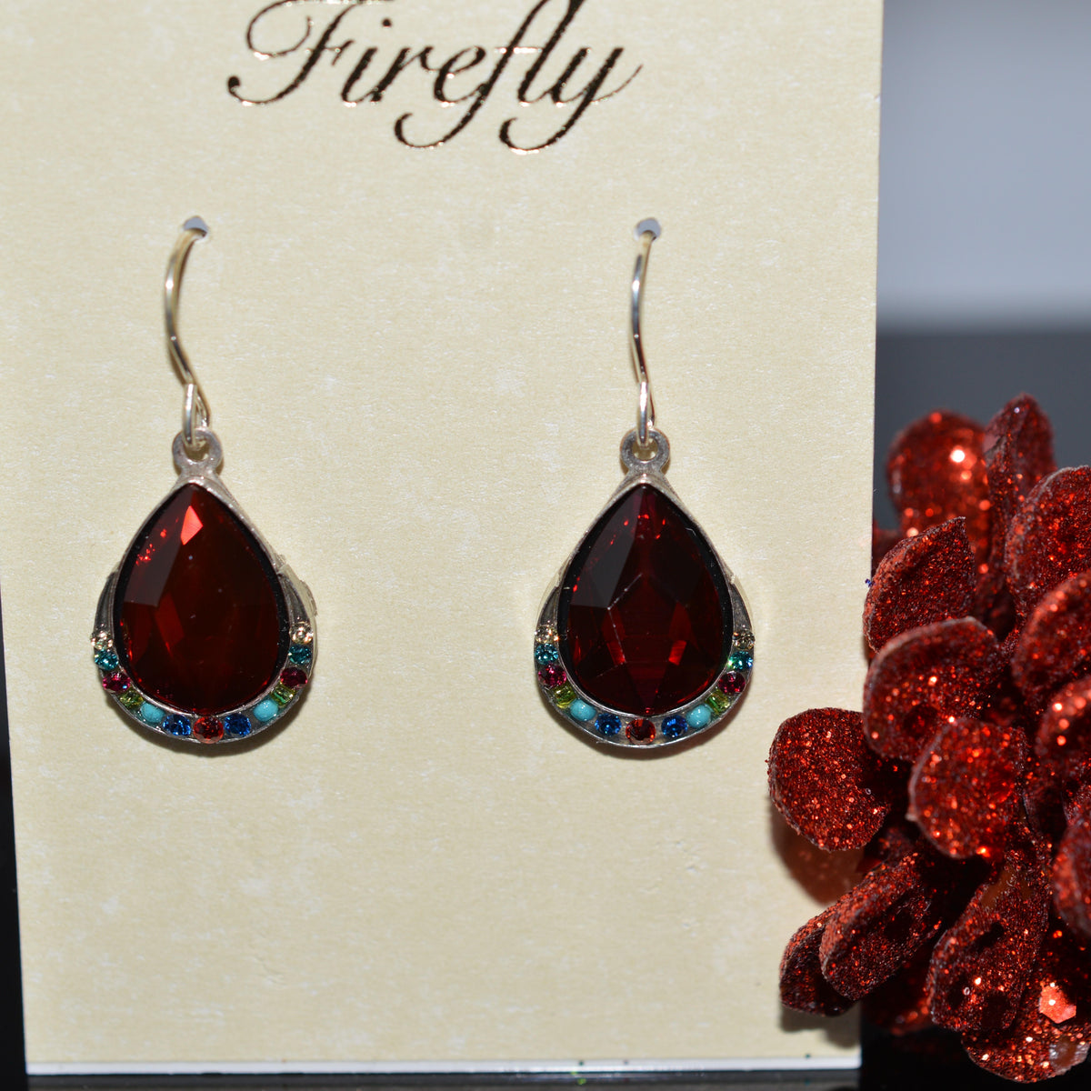 Antique Silver Plate Elizabeth Teardrop Earrings With Multi-Color Crystals By Firefly