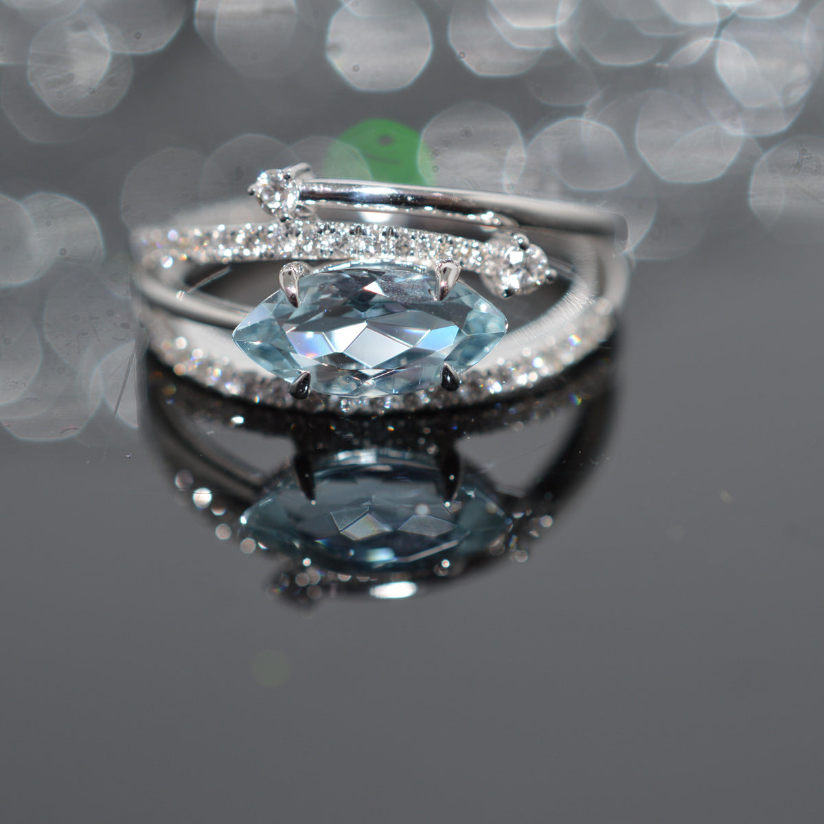 14K White Gold Contemporary Marquise Aquamarine & Diamond Ring