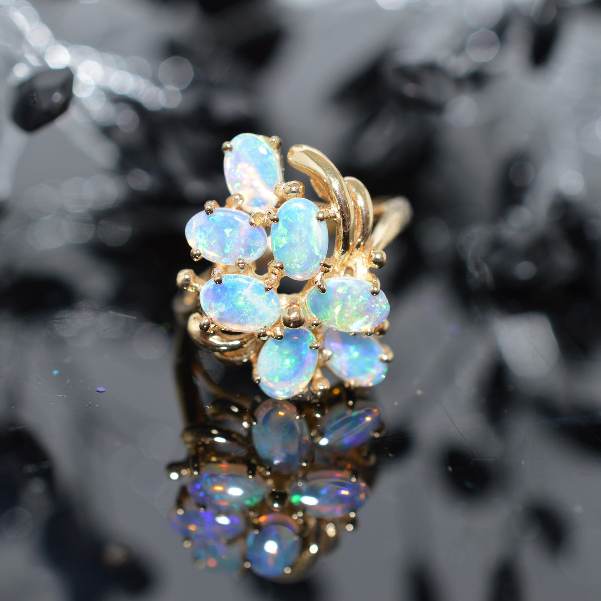 14K Yellow Gold 7 Oval Opal Cluster Ring