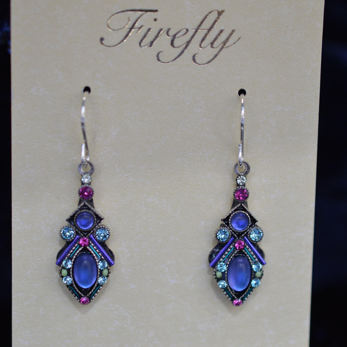 Antique Silver Plate Moonlight Drop Earrings With Tanzanite Color Crystals By Firefly