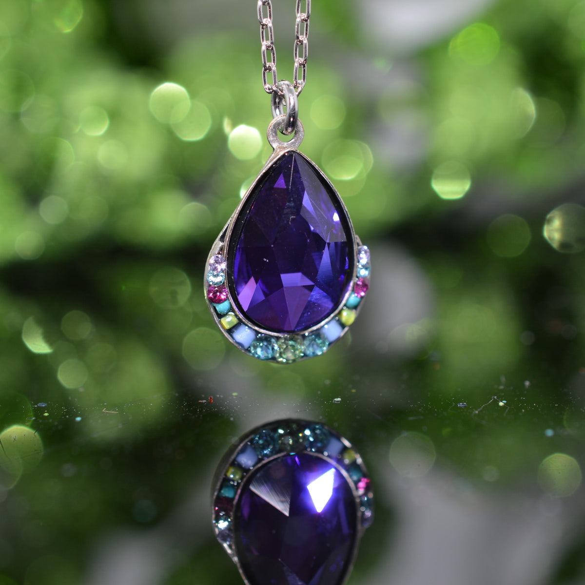 Antique Silver Plated Carmel Drop Purple Crystal Pendant by Firefly