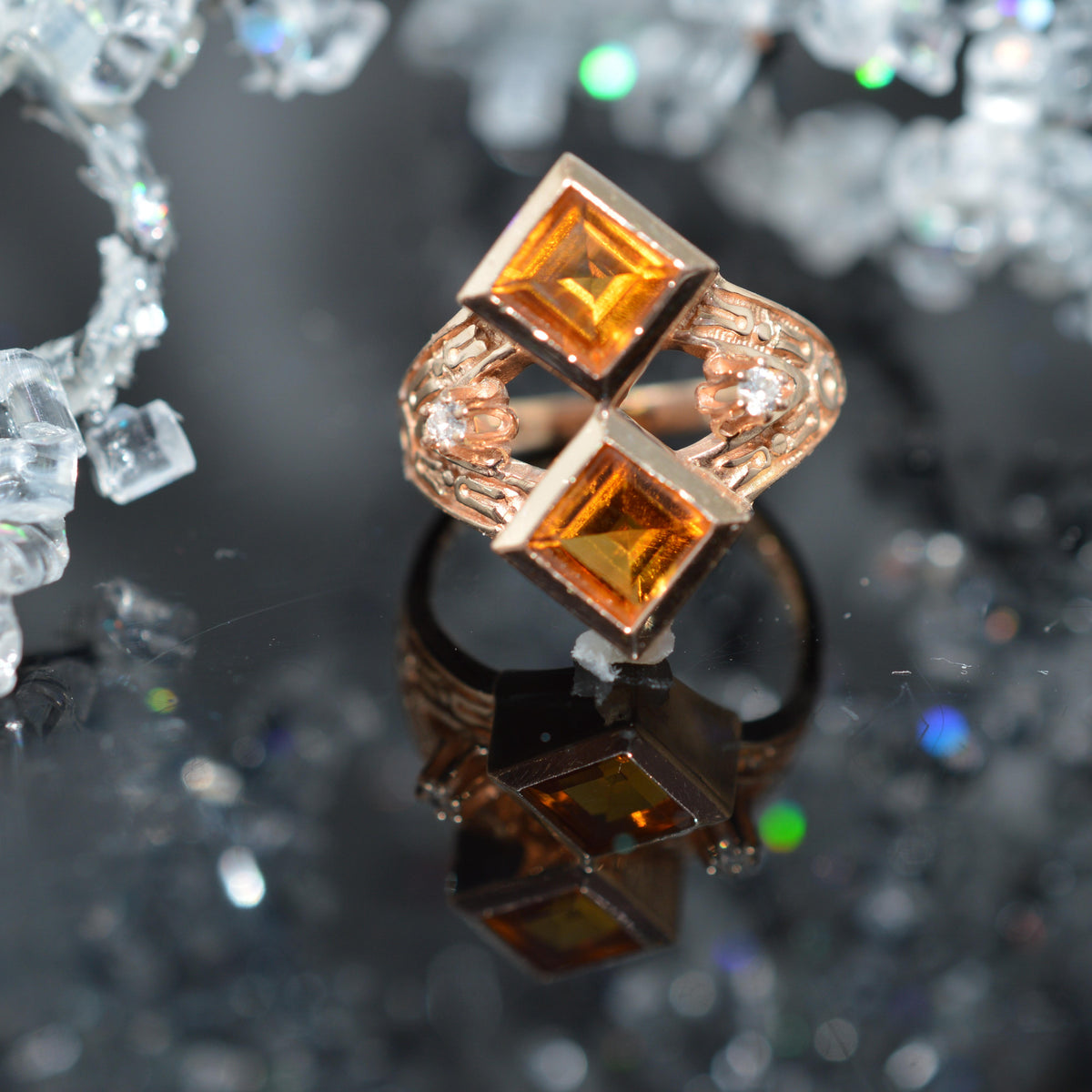 14K Yellow Gold Ring With 2 Square Cut Citrines & 2 Diamonds