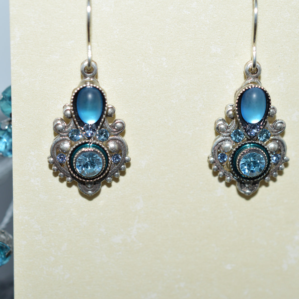 Antique Silver Plated Soft Light Blue Moonlight Earrings by Firefly