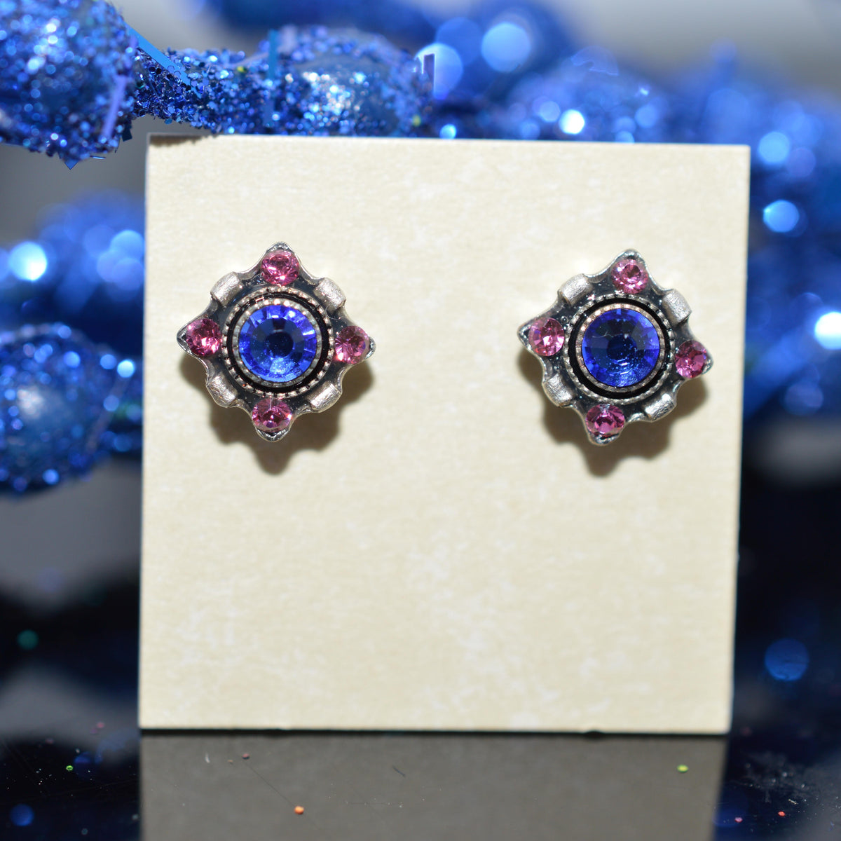 Antique Silver Plated Square Dulce Petite Sapphire Crystal Earrings by Firefly