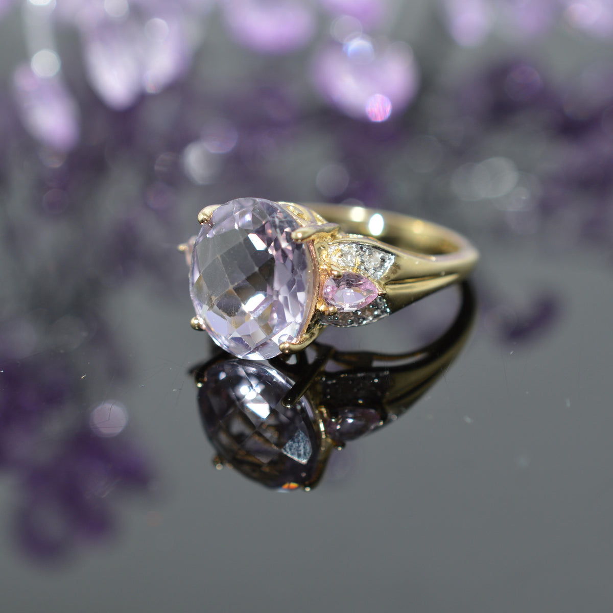 14K Yellow Gold Oval Amethyst, Pink Sapphire, & Diamond Ring
