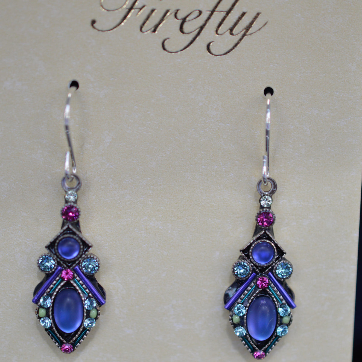 Antique Silver Plate Moonlight Drop Earrings With Tanzanite Color Crystals By Firefly
