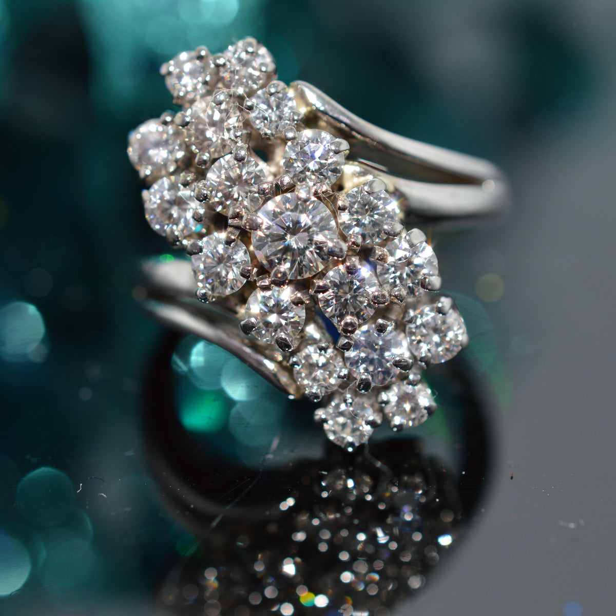14K White Gold Flat Waterfall Diamond Cluster Ring