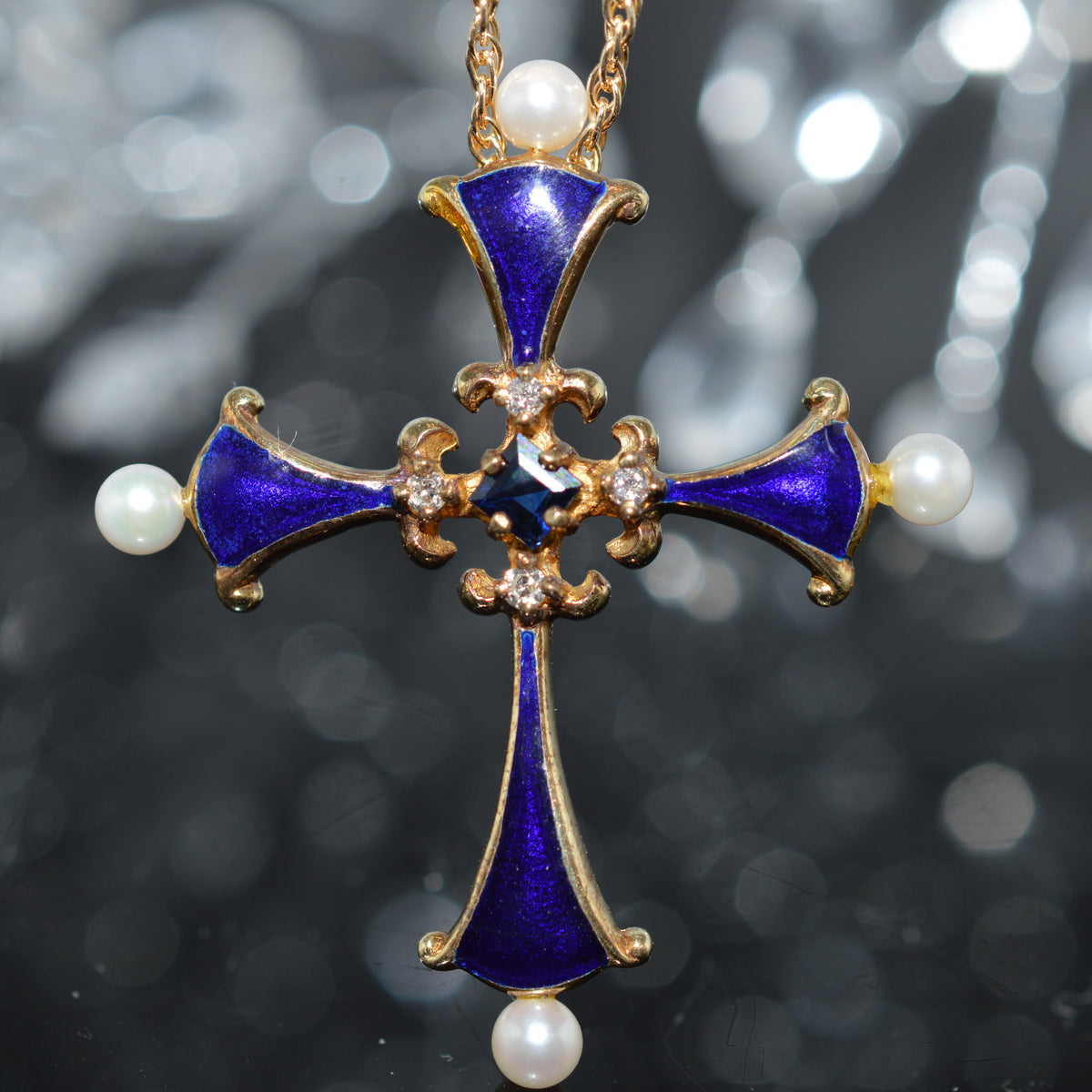 14K Yellow Gold Sapphire Midnight Cross Necklace by Igor Carl Faberge