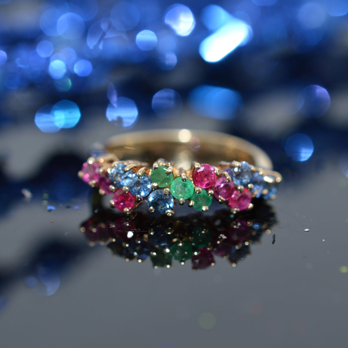 14K Yellow Gold Ruby, Sapphire, & Emerald Diagonal Row Ring