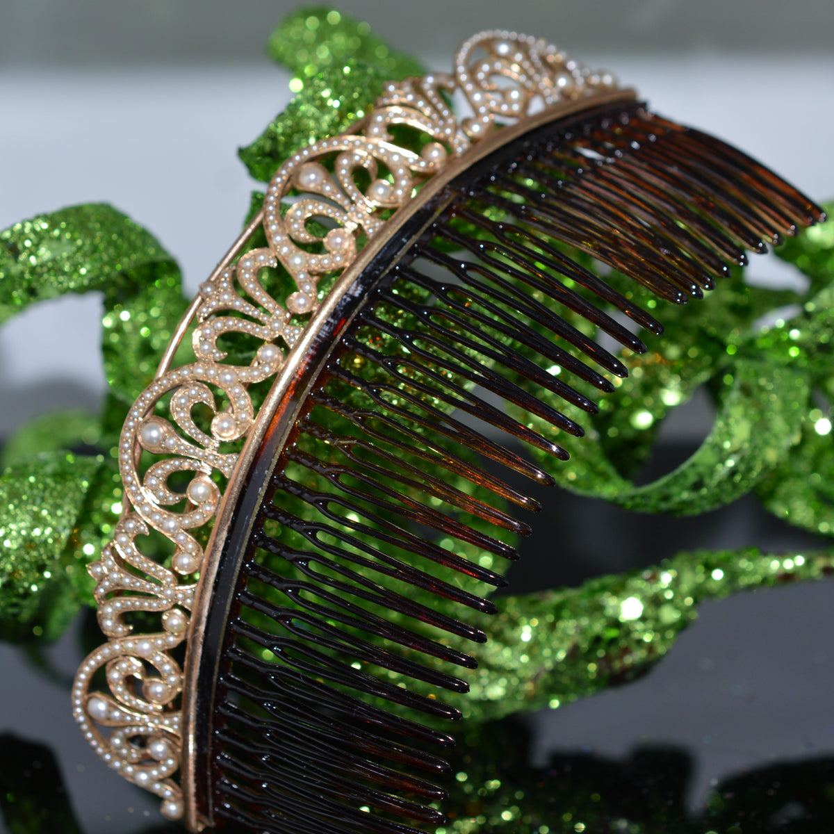 14K Yellow Gold Regency Style Hair Comb With Seed Pearls