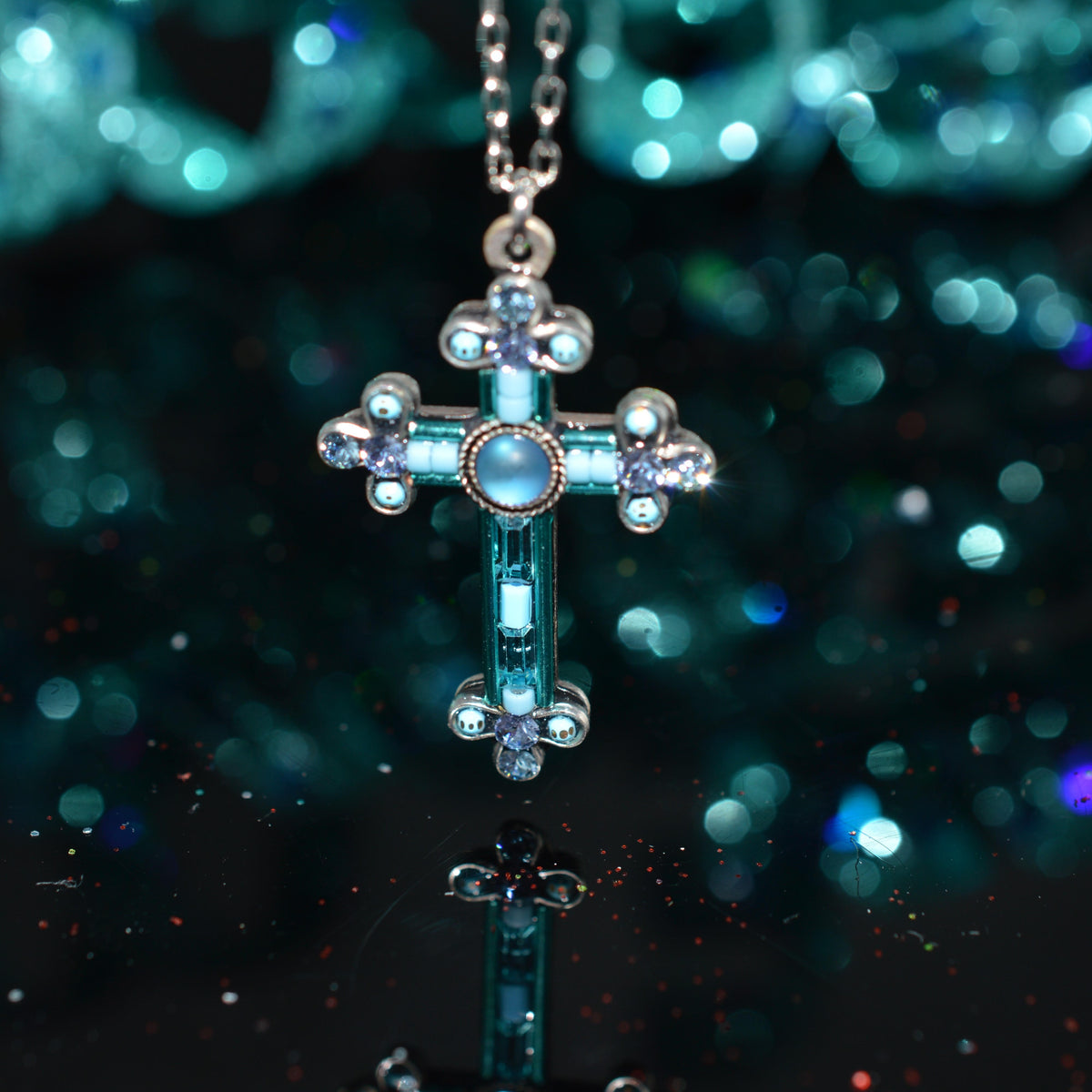Antique Silver Plated Moonlight Inlay Crystal Cross Pendant by Firefly