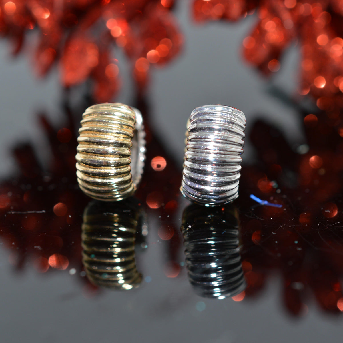 14K Two Tone Gold Reversible Ribbed Huggie Earrings