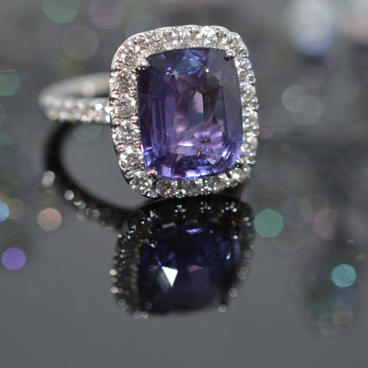 18K White Gold Large Purple Sapphire And Diamond Ring