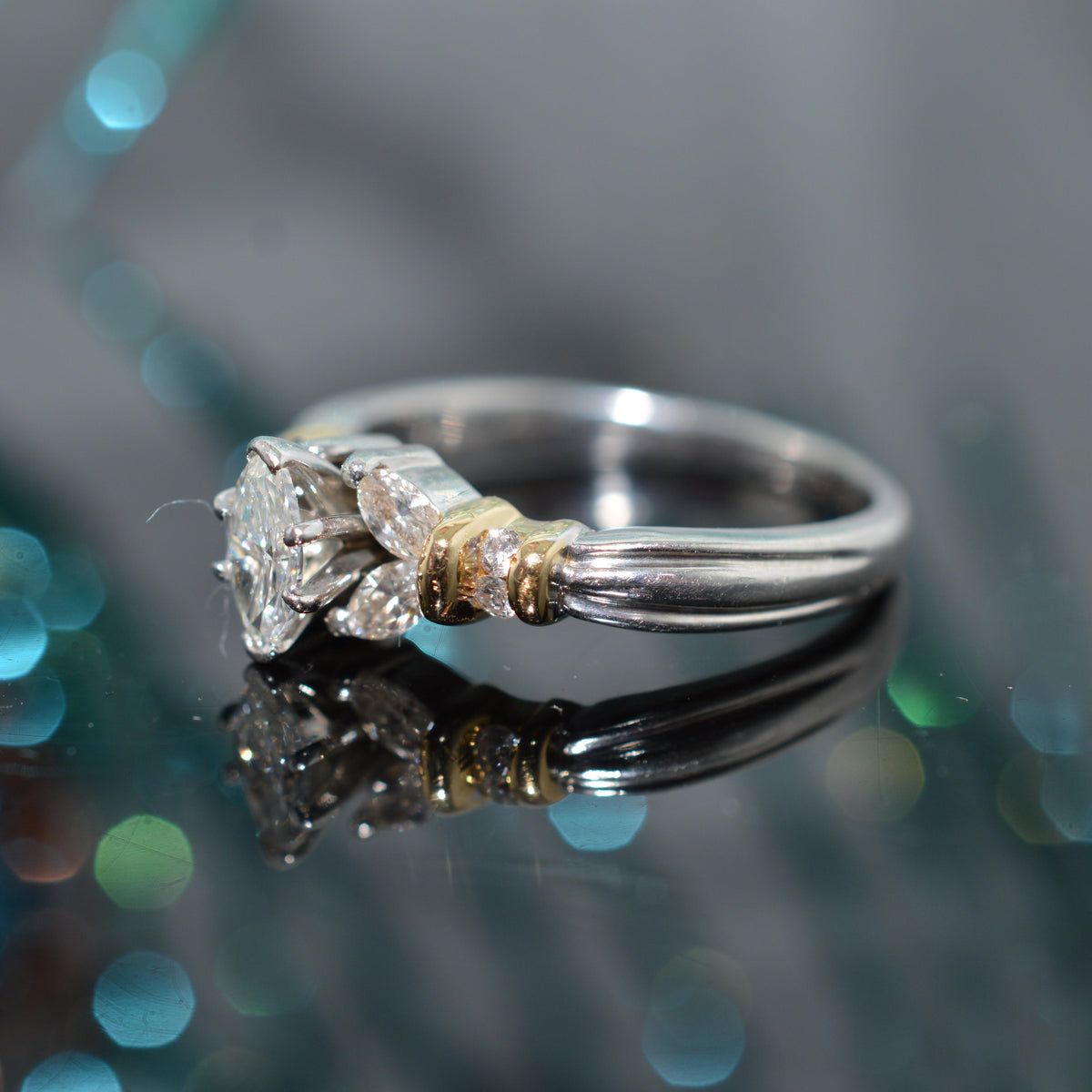 Platinum & 18K Yellow Gold Marquise Diamond Engagement Ring