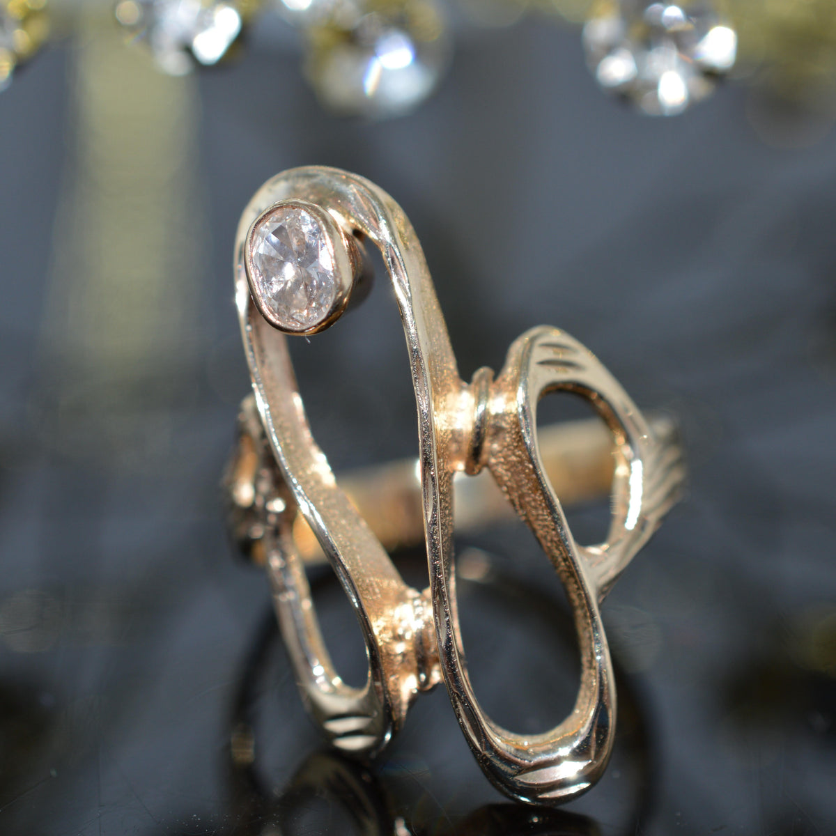 14K Yellow Gold Freeform Ring Mounting With Oval Cut Diamond