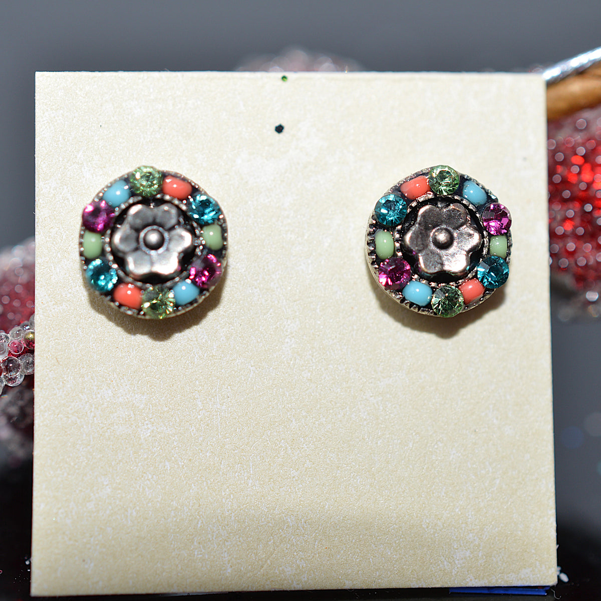 Antique Silver Plated Round Flower Stud Earrings With Multi-Color Crystals by Firefly